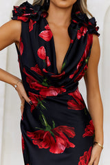 Falling Petals Satin Maxi Dress Black