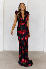 Falling Petals Satin Maxi Dress Black