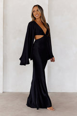Twilight Goddess Satin Long Sleeve Maxi Dress Black