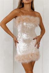 Enchantress Strapless Sequin Feather Mini Dress Beige