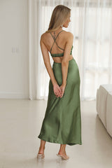 Grandest Entrance Satin Maxi Dress Olive