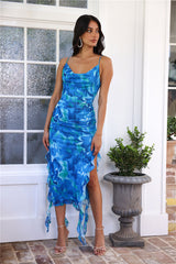 Out Of League Mesh Frill Midi Dress Blue