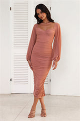 Move To The Music Long Sleeve Mesh Midi Dress Chocolate
