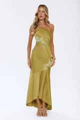 Jelly Glow One Shoulder Satin Maxi Dress Olive