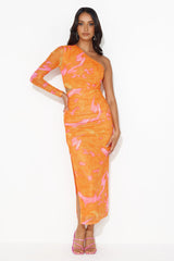 Relationship Bond One Shoulder Mesh Midi Dress Orange