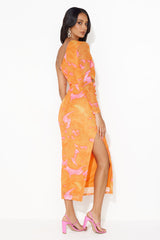 Relationship Bond One Shoulder Mesh Midi Dress Orange