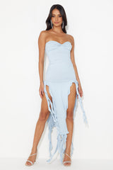 All The Frills Strapless Midi Dress Baby Blue