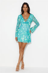 Fun For All Long Sleeve Mesh Mini Dress Green