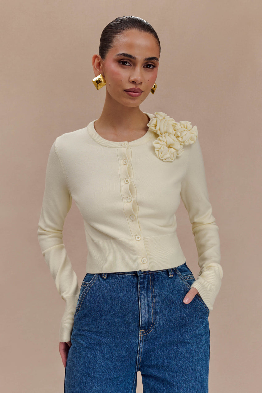 Gianna Knit Cardigan With Flowers - Cream