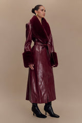 Bec Faux Leather Trench Coat With Faux Fur - Cherry Red