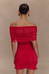 Caspian Slinky And Mesh Off Shoulder Mini Dress - Ruby