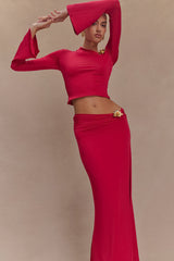 Ainsley Asymmetrical Long Sleeve Top With Floral Hardware - Fuchsia Pink