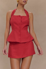 Kallie Linen Peplum Halter Top - Burnt Rose