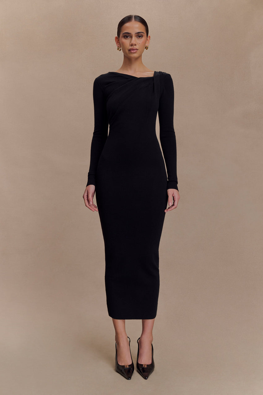 Culver Draped Twist Knit Midi Dress - Black