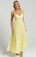 Jorie Midi Dress - Strappy Front Cut Out Tiered Skirt in Pastel Yellow