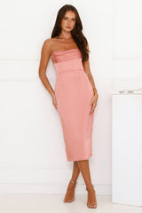 Dazzling Debutante Strapless Satin Midi Dress Rose