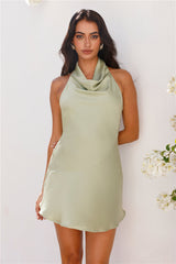 Party Nights Halter Satin Mini Dress Sage