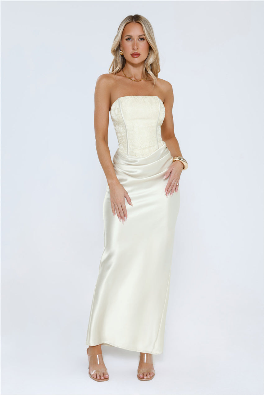 Dressed To Dazzle Strapless Satin Maxi Dress Ivory
