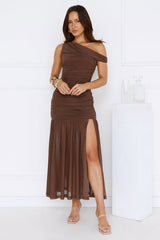 Stylish Diva Mesh Off Shoulder Midi Dress Brown
