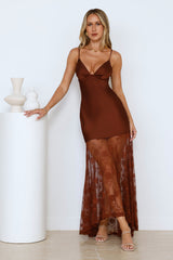Pose For Me Lace Satin Maxi Dress Brown