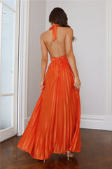 Shimmering Sea Pleated Halter Maxi Dress Orange