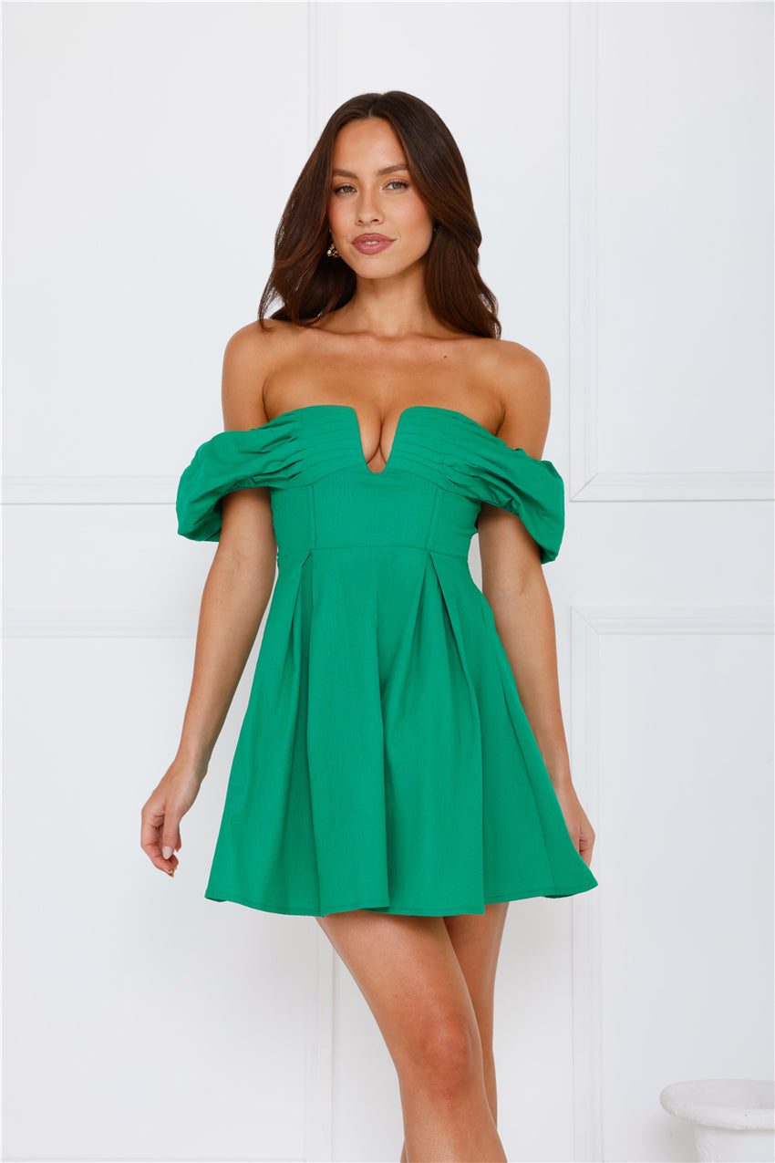 Darling Daze Off Shoulder Mini Dress Green
