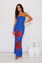 Tropical Lily Strapless Mesh Maxi Dress Blue