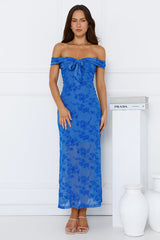 Girly Luxe Off Shoulder Mesh Maxi Dress Blue