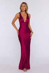 Polished Affair Satin Maxi Dress Berry