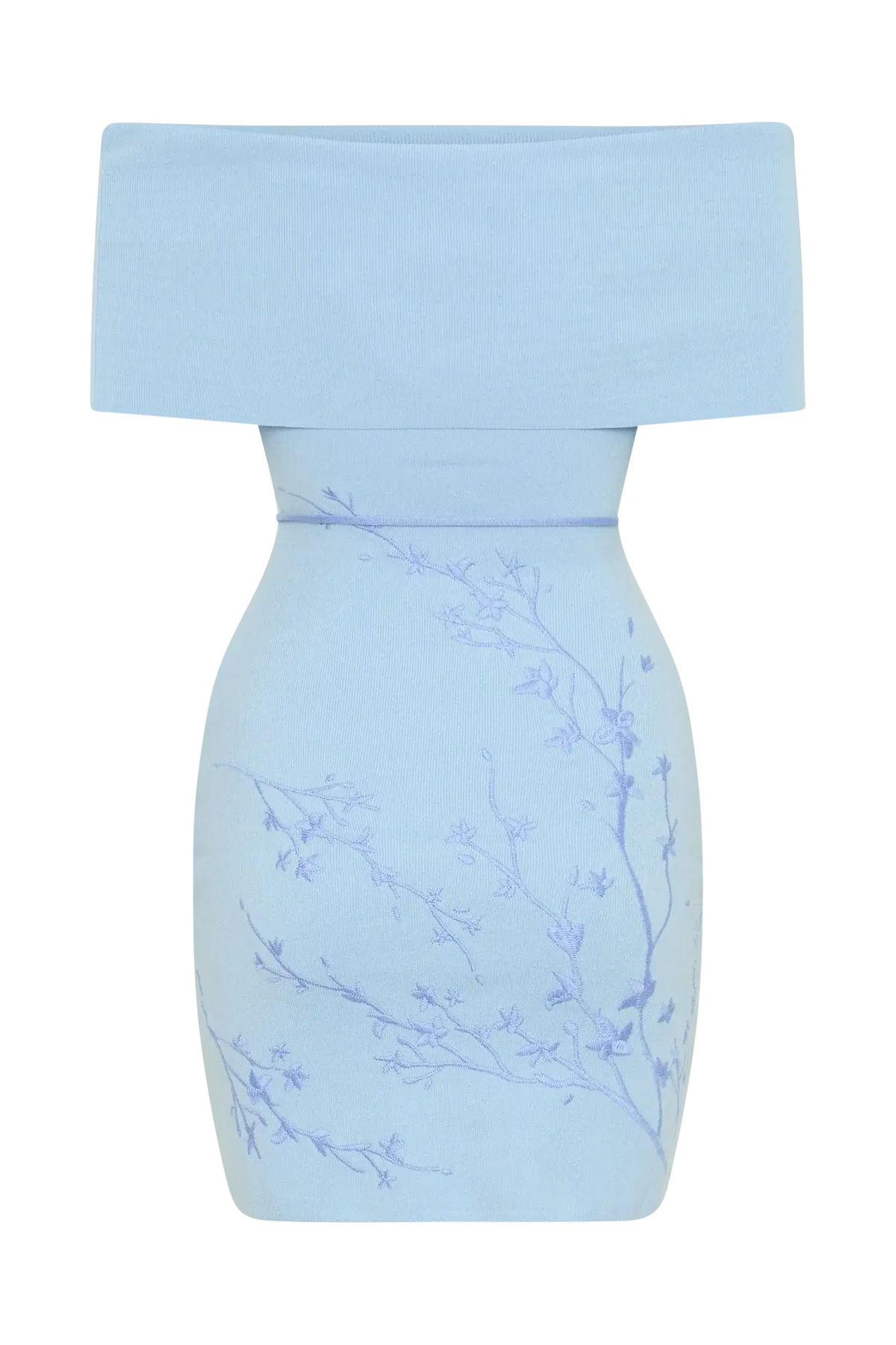 Mallory Off Shoulder Embroidered Knit Mini Dress - Ice Blue
