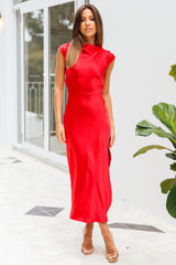 Get In Formation Satin Midi Dress Red