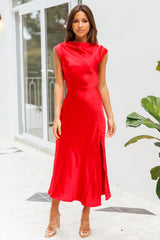 Get In Formation Satin Midi Dress Red