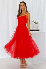 Signal My Way Tulle Midi Dress Red