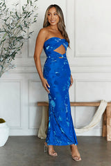 Hottest Friend Mesh Strapless Maxi Dress Blue