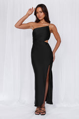 The Opal One Shoulder Satin Maxi Dress Black