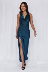 The Loretta Cowl Satin Maxi Dress Teal