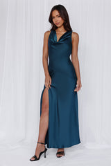 The Loretta Cowl Satin Maxi Dress Teal