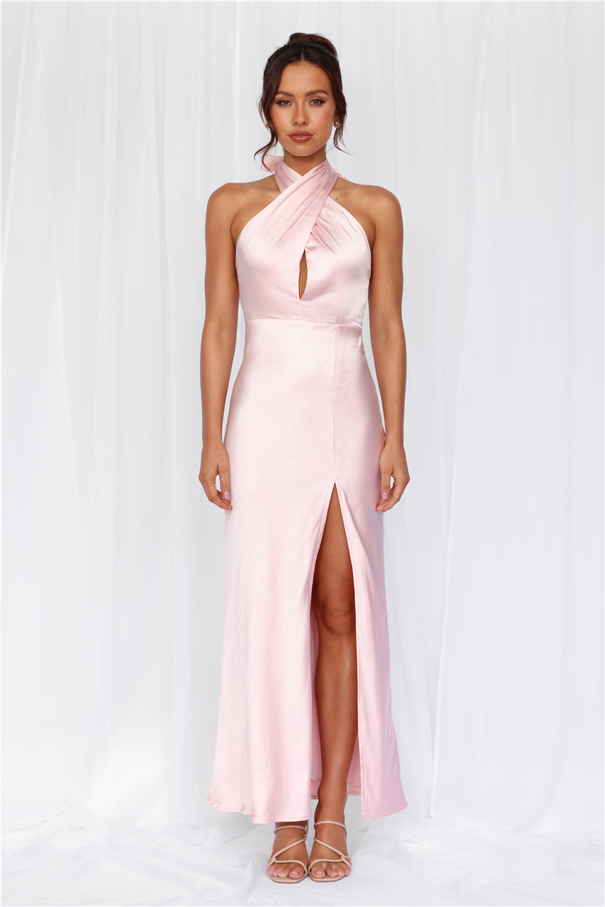 The Adeline Halter Satin Maxi Dress Pink