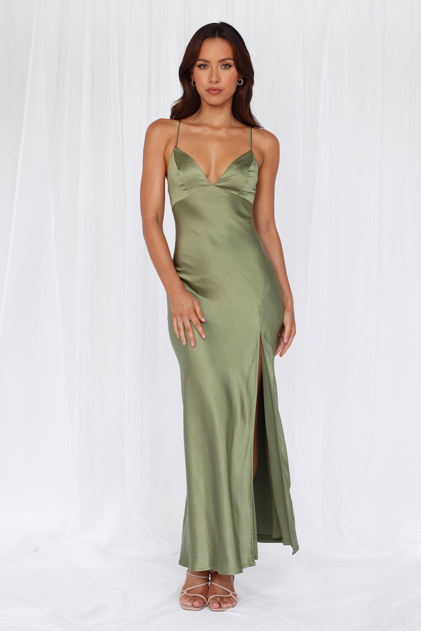 The Sophia Satin Maxi Dress Olive