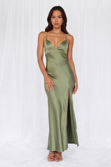 The Sophia Satin Maxi Dress Olive