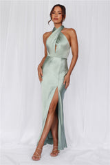 The Adeline Halter Satin Maxi Dress Sage