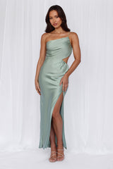 The Opal One Shoulder Satin Maxi Dress Sage