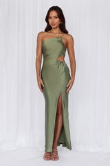 The Opal One Shoulder Satin Maxi Dress Olive