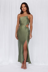 The Opal One Shoulder Satin Maxi Dress Olive