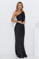 Chase Your Power One Shoulder Satin Maxi Dress Black