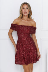 Glittering Dreams Sequin Off Shoulder Mini Dress Burgundy