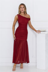 Stylish Diva Mesh Off Shoulder Midi Dress Burgundy