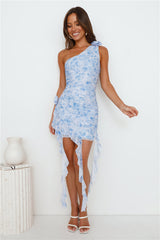 Chicest Of All One Shoulder Frill Mesh Mini Dress Blue