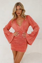 Hype Girl Plisse Long Sleeve Mini Dress Brick