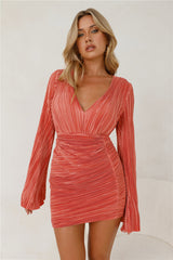 Hype Girl Plisse Long Sleeve Mini Dress Brick